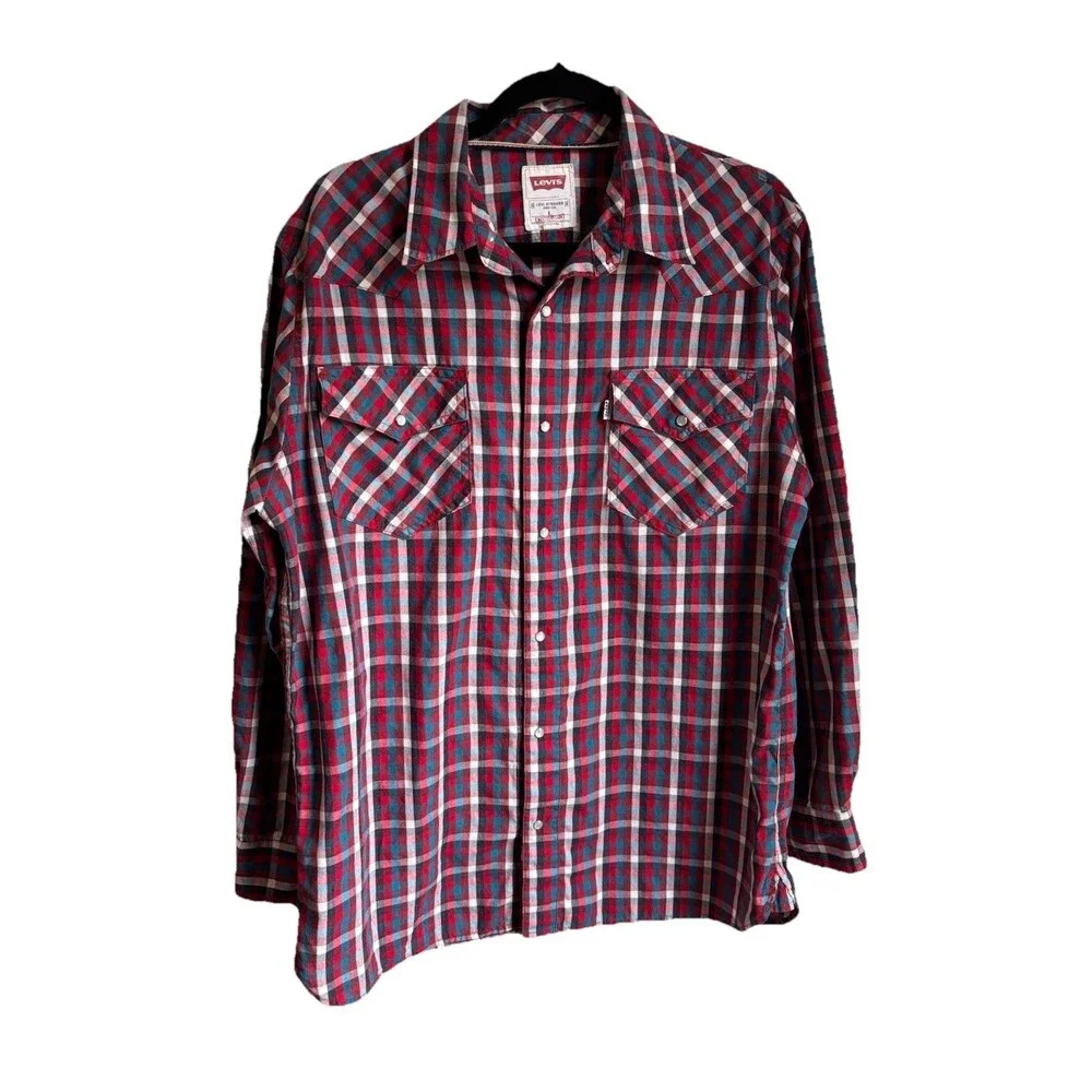Levi’s‎ Western Pearl Snap Plaid Shirt Red Blue Mens L Y2K Cowboy Rodeo EUC